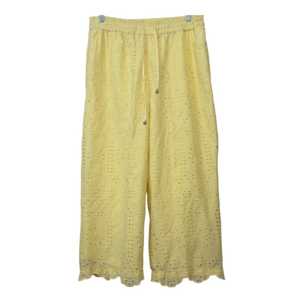 Calypso St. Barth Yellow Eyelet Wide Leg Pants Scalloped Hem Shell Charm Boho